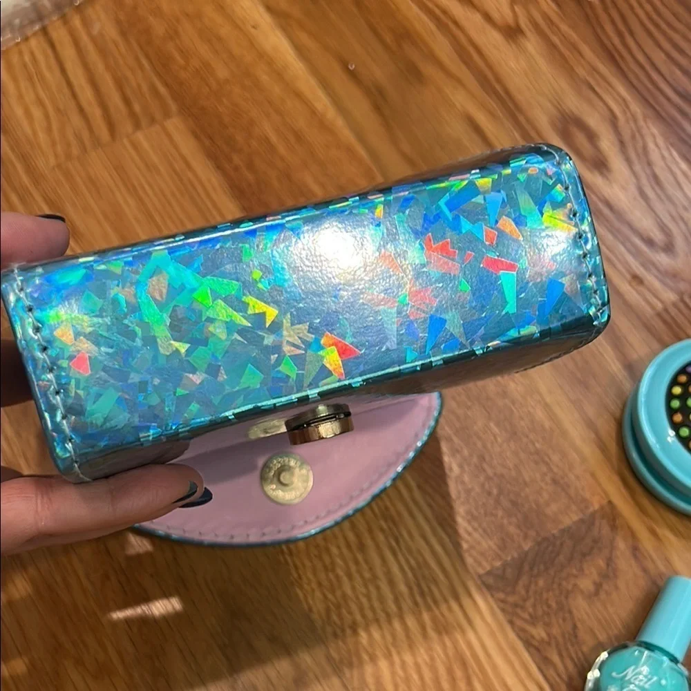 Girls Glittery Blue purse Nail Polish lip gloss hair brush mirror play make up